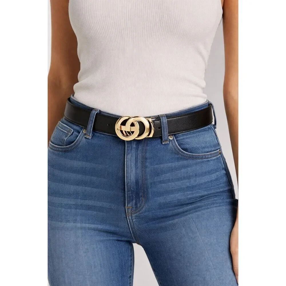 NWOT Black Vegan Leather Belt Gold Double Circle Buckle Unisex 52” x 1,25”